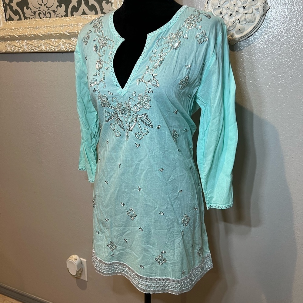 Embroidered beaded mint Aqua Tunic Top - Picture 2 of 10